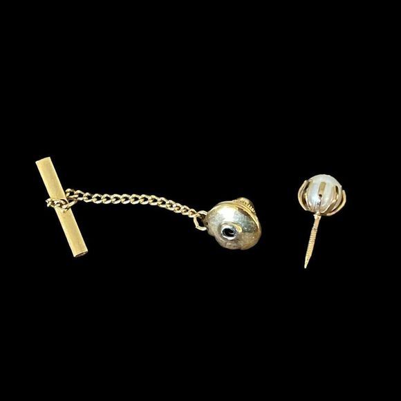 Vintage Tie Tack Pin With Chain Gold Tone White Round Faux Pearl - Picture 2 of 4